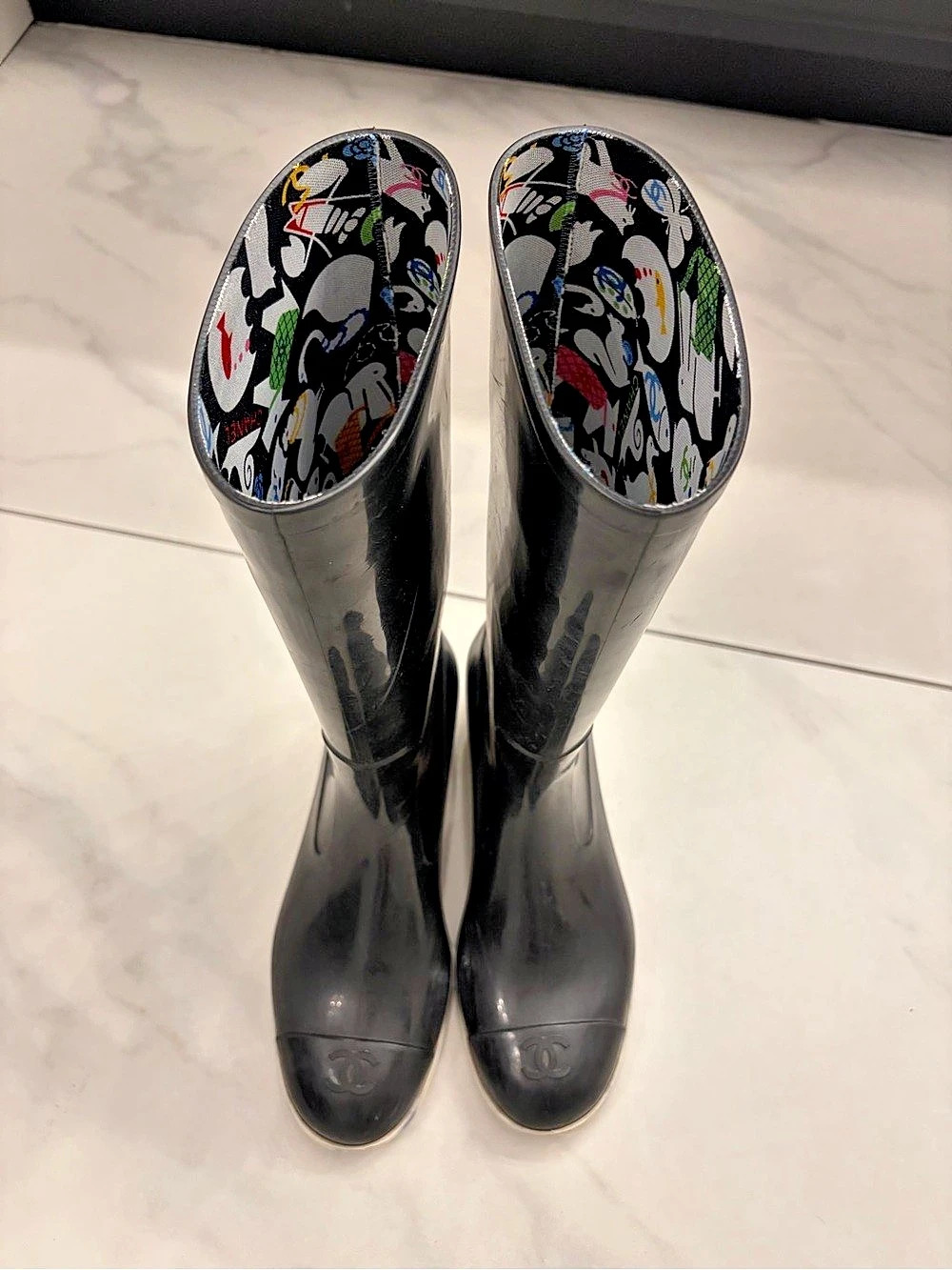 Chanel CC Logo High Pull-On Rubber Rain Boots Black & White